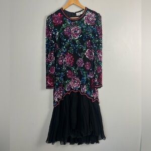 VTG 80s Black Tie Women's Floral Beaded Sequin Ball Gown Midi silk Dress Size 10
